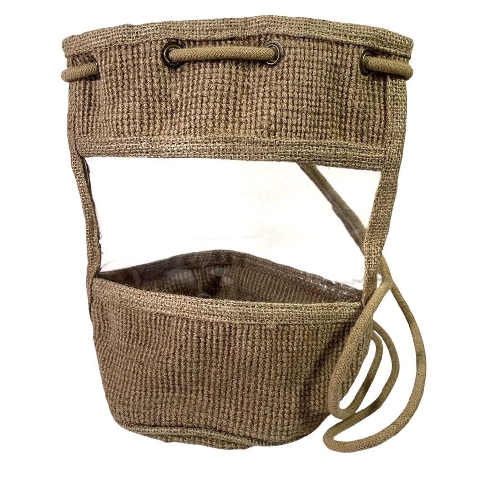 Vintage Mary Kay Jute Knapsack Burlap Look Clear Windows Woven Tan Bucket Bag